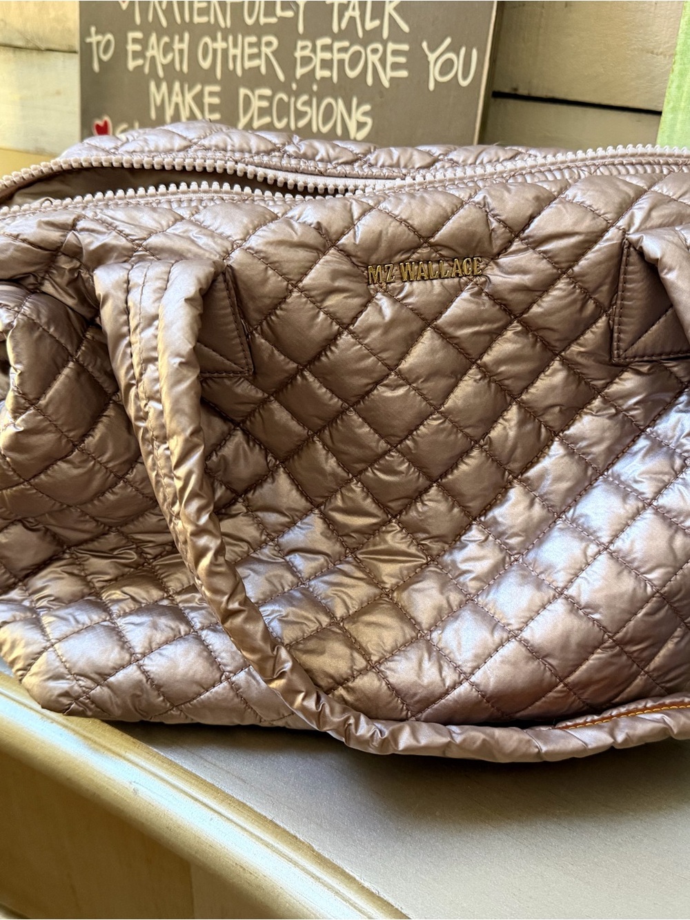MZ Wallace Sutton Metallic Champagne Quilted Nylon Shoulder Crossbody Bag